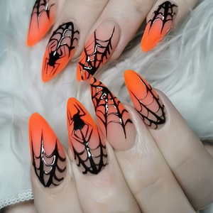24 pièces <span class=keywords><strong>Halloween</strong></span> Night Fantasy <span class=keywords><strong>Orange</strong></span> Rhythm Spider Web Gradient Détachable Nail Art Style Français Faux ongles portables - Product Image 1