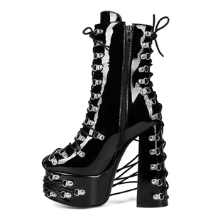 Big Size 47 Women's Metal Buckles Ankle Boots Wide Fit High Chunky <b>Heels</b> Platform Shoes Patent Cross Lace Short Booties - Product Image 5