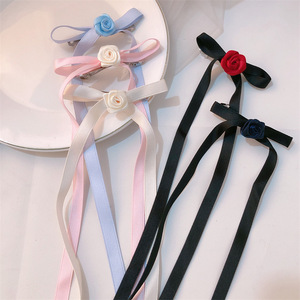 Hiasan kepala mewah pita bunga mawar busur klip rambut untuk anak gaya elegan pita ekor panjang jepit rambut - Product Image 1