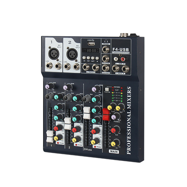 F4 Professional 4 Channel Audio Stereo Mixer with Digital Sound Card DJ Audio Mixer for Family KTV Stage Equipment