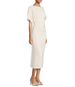Elegante Vestido Midi Blanco de Satén con Manga Casquillo, Cuello Redondo, Silueta Ajustada Tipo Lápiz, Ropa Formal - Product Image 1