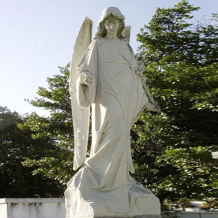 Estátua de anjo protetor de pedra grande, escultura de anjo de mármore branco para jardim