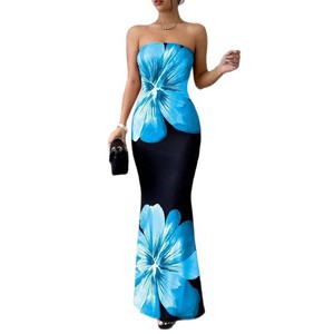 فستان ماكسي نسائي بدون حمالات مزين بطبعة زهور، فستان سهرة ضيق مزين بكسرات - Product Image 5