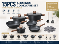 Ensemble de 15 ustensiles de cuisine en aluminium antiadhésif avec couvercles en verre et poignées en bois pour cuisinières à induction et à gaz, design moderne et minimaliste pour la cuisine à domicile
