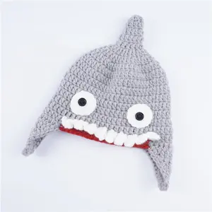 Wholesale Winter Handmade Crochet Warm Knitted Hooded Ear Flap Cap Baby Hat Cute Shark Beanie