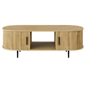 Mid Century melamine wood smoothly two sliding tambour bamboo doors oval coffee table for Living Room