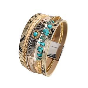 Cross Border <b>Bracelet</b> Gravel Feather <b>Leather</b> Women's <b>Bracelet</b> Retro Feather Turquoise Magnetic Buckle <b>Bracelet</b> Wholesale - Product Image 5