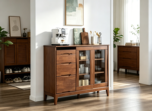 Modern Solid Wood Storage Cabinet with Glass Doors 3 Shelves Midcentury Design for Living Room Home Furniture - Product Image 3