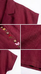 Robe en lin bordeaux d'inspiration bohème avec des accents floraux brodés et des boutons en bois, matière élégante et confortable - Product Image 6