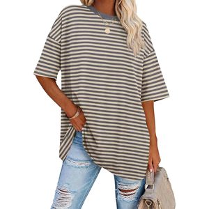 T-shirt rayé surdimensionné personnalisé pour femme, col rond, coupe ample, manches courtes, grande taille, haut d'été respirant en coton tricoté, tunique - Product Image 1