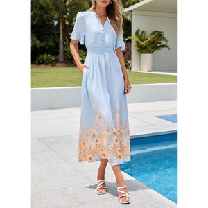 FOXA Women's Boho Floral Maxi Dress Short Sleeve <b>Tie</b> Neck Elastic Waist A-Line Flowy Beach Summer Casual Dress - Product Image 5