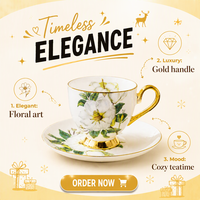 Ensemble de tasses à thé et soucoupes en porcelaine fine à bord doré, motif floral blanc, tasse à café avec poignée dorée, vaisselle pour cadeau de mariage