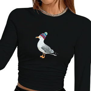 เสื้อครอปแขนยาวพิมพ์ลาย Y2K แฟชั่นสำหรับผู้หญิง ลายนกนางนวลพร้อมหมวกบีนนี่ - Product Image 1