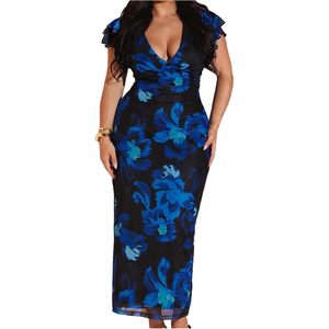 Vestido Maxi Floral de Talla Grande para Mujer, Escote en V Profundo, Manga Corta con Volantes, Vestido de Noche de Gasa Ajustado, Vestido de Fiesta para Invitadas de Boda - Product Image 1