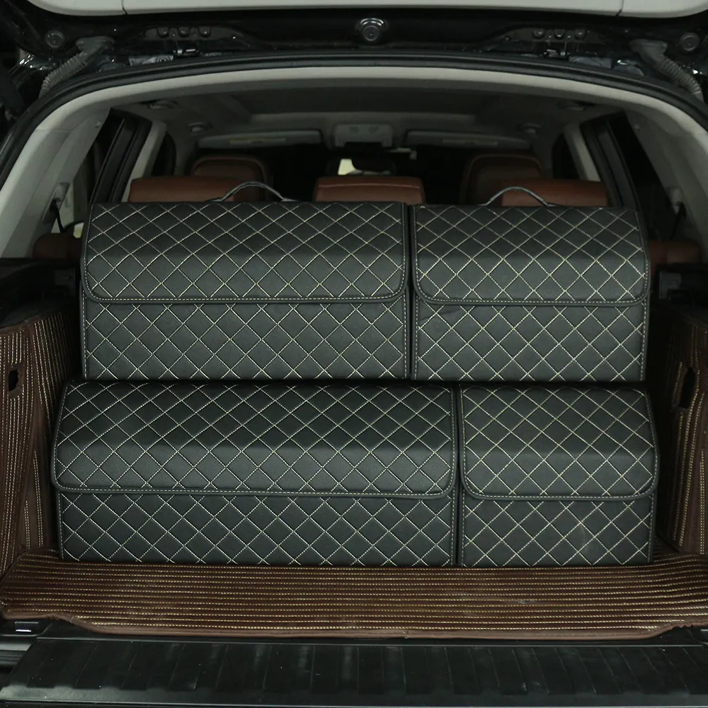 Caja de almacenamiento de cuero plegable para maletero de coche, organizador de asiento trasero