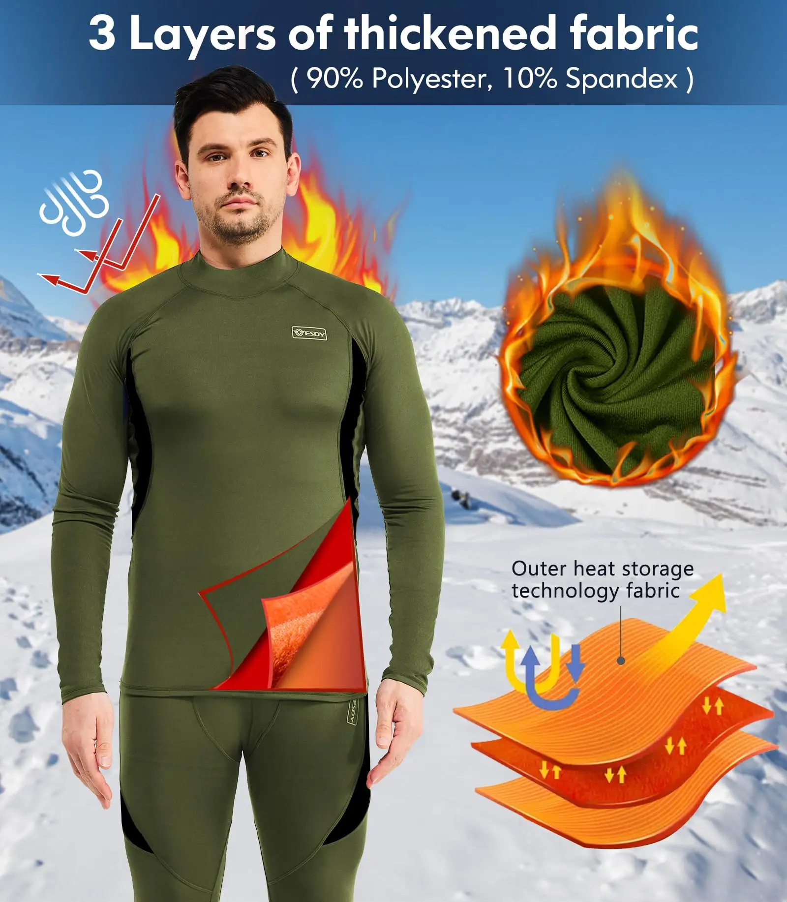 Thermal Underwear for Men Long Johns Fleece Lined Hunting Gear Bottom Top Set Base Layer Cold Weather