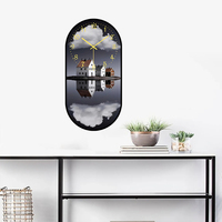 Jam Dinding Rumah Tepi Laut Oval Art Deco Lukisan Pemandangan Refleksi Hitam Putih Emas Hening Dioperasikan dengan Baterai Tahan Air Dekorasi