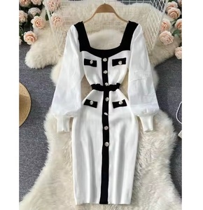 Robe <span class=keywords><strong>pull</strong></span> élégante à <span class=keywords><strong>col</strong></span> carré, couleur unie, patchwork, manches lanternes, taille haute, moulante, pour femmes, décontractée - Product Image 1