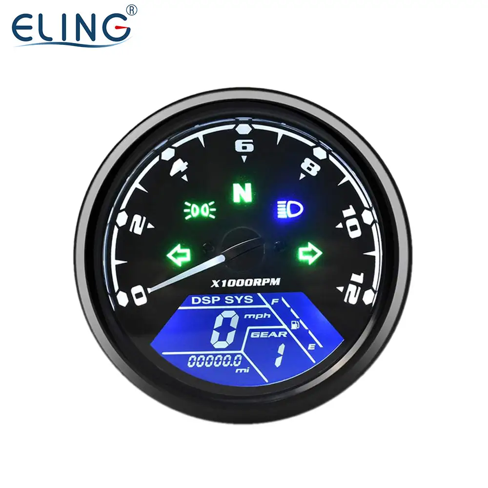 Elling Digitale Motorfiets Snelheidsmeter 199 Mph Km/U Toerenteller 12000 Tpm Met Versnelling Indicator Alarm Licht