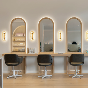 Specchio ad Arco in Legno con Retroilluminazione LED, Stazione di Styling <span class=keywords><strong>per</strong></span> Capelli da Parete, Postazione <span class=keywords><strong>per</strong></span> <span class=keywords><strong>Parrucchiere</strong></span> - Product Image 1