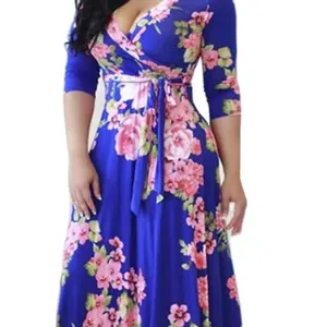 Os-58 Plus Size Vrouwen Kleding Bloemenprint Lange Mouwen Maxi Afrikaanse Split Jurk Vrouwen Xxxxxl