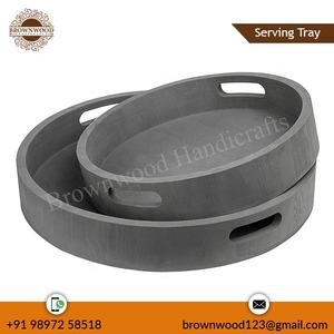 Elegantes Bandejas Redondas de Madera de Mango Hechas a Mano, Estilo Occidental, Color Gris, con Asas, Juego de 2 para Servir Comida y Decoración - Product Image 2