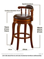 Tabouret de bar pivotant à dossier haut en bois massif de style européen-américain avec design personnalisable pour comptoir de bar
