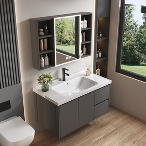 Meuble-lavabo de salle de bain personnalisé de luxe en aluminium imperméable de 50cm à 100cm avec lavabo simple et armoire à miroir - Product Image 3