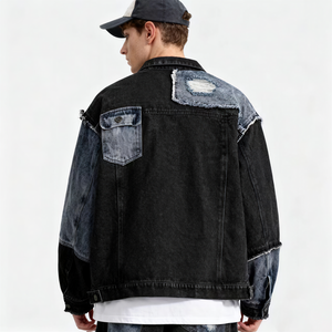 TKAN393 personnalisé automne Vintage marque hommes Denim veste en détresse détails Unique tissu bloquant Patchwork lavé vêtements d'extérieur - Product Image 3
