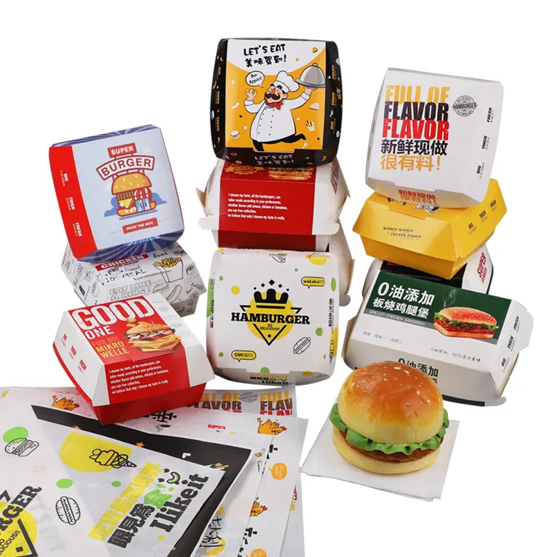 Logotipo personalizado Sanduíche Pipoca Hot Dog Saco De Papel De Frango Frito Lancheira Hamburger Burger Box Impressão Fast Food Branded Packaging