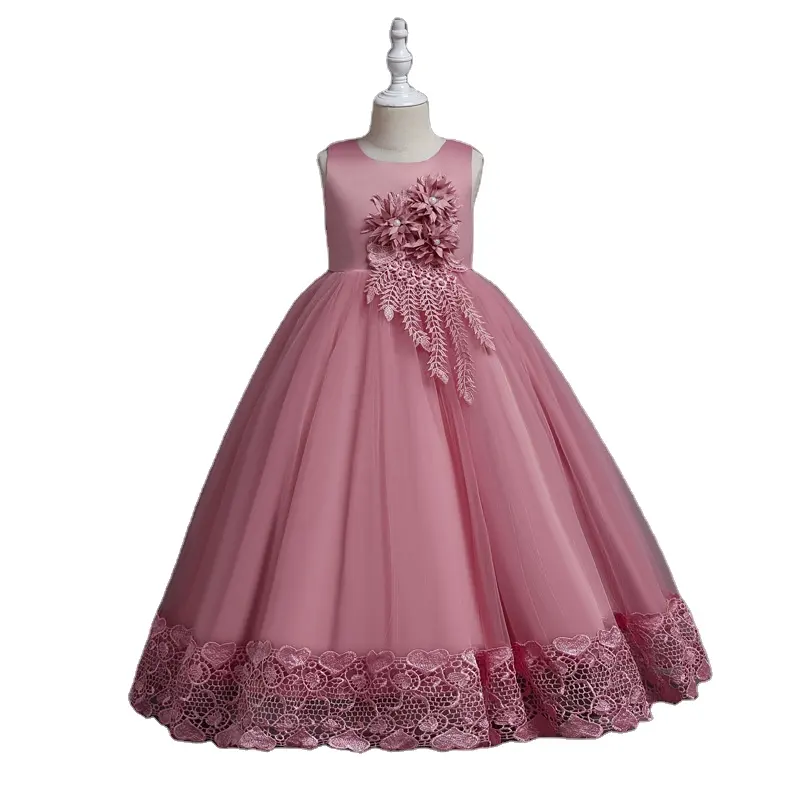 Applique étage longueur robe en satin pour enfants enfants 10 ans filles robe princesse robes de soirée pour les filles
