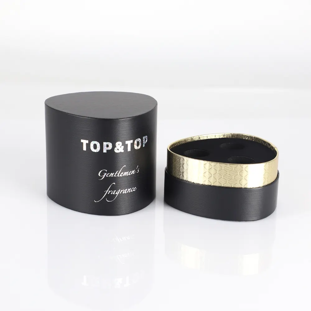 Kunden spezifisch bedruckte schwarze Luxus kosmetische Aroma therapie Duft kerze Papier Karton Rohr Kanister Parfüm Proben Geschenk verpackung Box