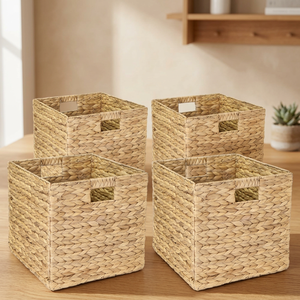 <b>Square</b> Straw Storage <b>Baskets</b> Handwoven 4 Pack Rustic Living Room Organizer Natural Color Woven <b>Basket</b> for Neatening - Product Image 3