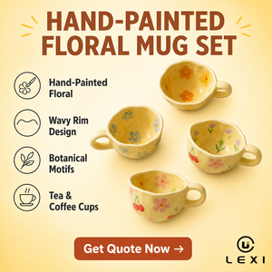 Ensemble de tasses LEXI peintes à la main avec motif floral, bord ondulé, bleu <span class=keywords><strong>cerise</strong></span>, violet tulipe, jaune orange, motif botanique, céramique, passe au lave-vaisselle - Product Image 2
