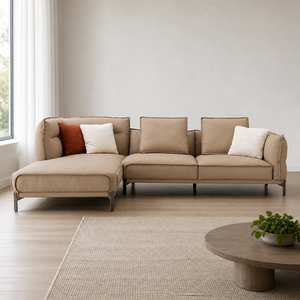 Canapé sectionnel en forme de L avec ottoman, dossier capitonné en tissu, pieds métalliques inclinés, moderne, pour salon, hôtel, villa - Product Image 3