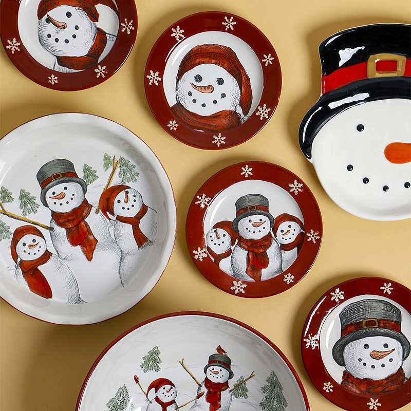 Creative Snowman Ceramic Plate Shaped Ceramic Household Plate Christmas  Tableware Set