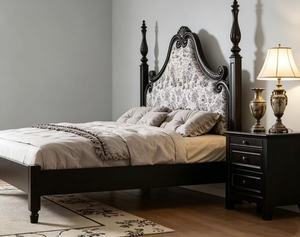 Premium Queen Size Black Wood Spindle <b>Bed</b> With Floral Upholstered Ornate Headboard For Bedroom - Product Image 6
