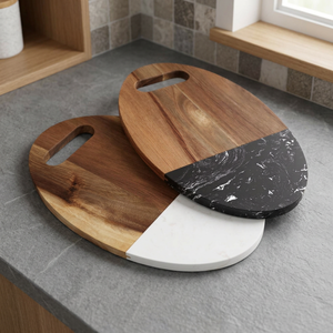 Planche à découper ronde en bois avec incrustation de marbre, design bicolore, pour la cuisine - Product Image 3