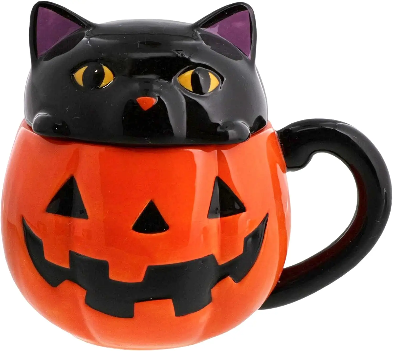 Tasse à soupe d'Halloween en céramique drôle avec couvercle citrouille lanterne Jack 'o orange et chat noir