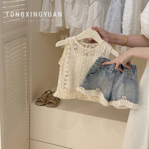 Tongxingyuan Girls Summer Set Hollow-out Vest Denim Shorts Cotton Two-Piece Children Outfits - Product Image 1