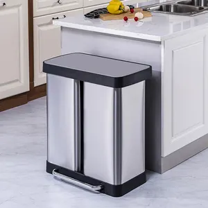 Household Rectangular 60 Liter Recycle Bin Soft Close Kitchen Stainless Steel Trash Can With Foot Pedal