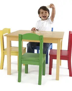 factory supplier wholesale customized solid wood 5-piece study table and chair set for kids