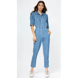 Jumpsuit Denim Khusus untuk Wanita, Jumpsuit Depan Longgar Kancing Biru Kasual Dicuci untuk Wanita