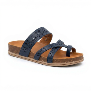 Sandales plates en cuir véritable bleu marine, à bout ouvert, faciles à enfiler, respirantes, avec semelle en liège, chaussures confortables pour l'été - Product Image 1