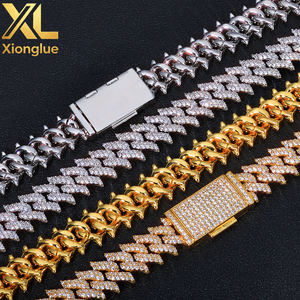 Fashion Men's Hiphop Rap Jewelry Chunky 15mm Alloy Two Rows <b>Iced</b> <b>Out</b> Crystal Thorns Gold Silver Cuban <b>Chain</b> Necklace Bracelets - Product Image 3
