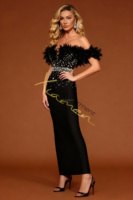 Ocstrade Fabrikgefertigtes A-Linien Luxus-Federbesetztes Schwarzes Bandage-Kleid mit Perlen Verziertes Glänzendes Bodycon Bescheidenes Schickes Maxi-Abendkleid
