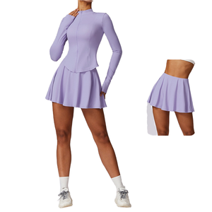 Conjunto de Yoga de 2 Piezas para Mujer, Body de Manga Larga con Cuello Alto, Falda de Cintura Alta, Color Sólido, Transpirable, Spandex, Poliéster, Ropa Deportiva - Product Image 1