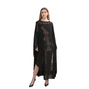 Muslim Dubai Women Large Size Chiffon Hot Rhinestone Fashion Exquisite Hooded Robe Dress