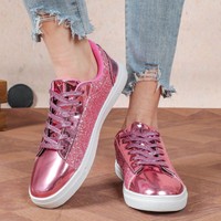 Nouvelles Chaussures Femme Printemps-Été Brillantes Tendance, Baskets Décontractées Sportives à Lacets Basses, Chaussures Plates Décontractées