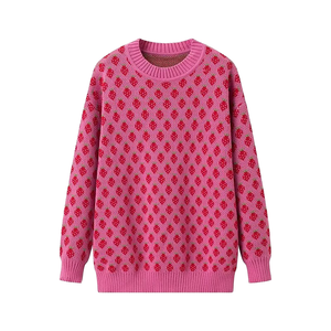 Suéter de punto rosa con estampado para mujer, cuello redondo, suave y cómodo, estilo casual, holgado, manga larga, oversize, cálido y afelpado. - Product Image 1